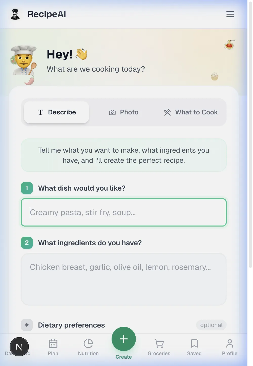 RecipeAI Recipe Generator — describe ingredients and get AI recipes